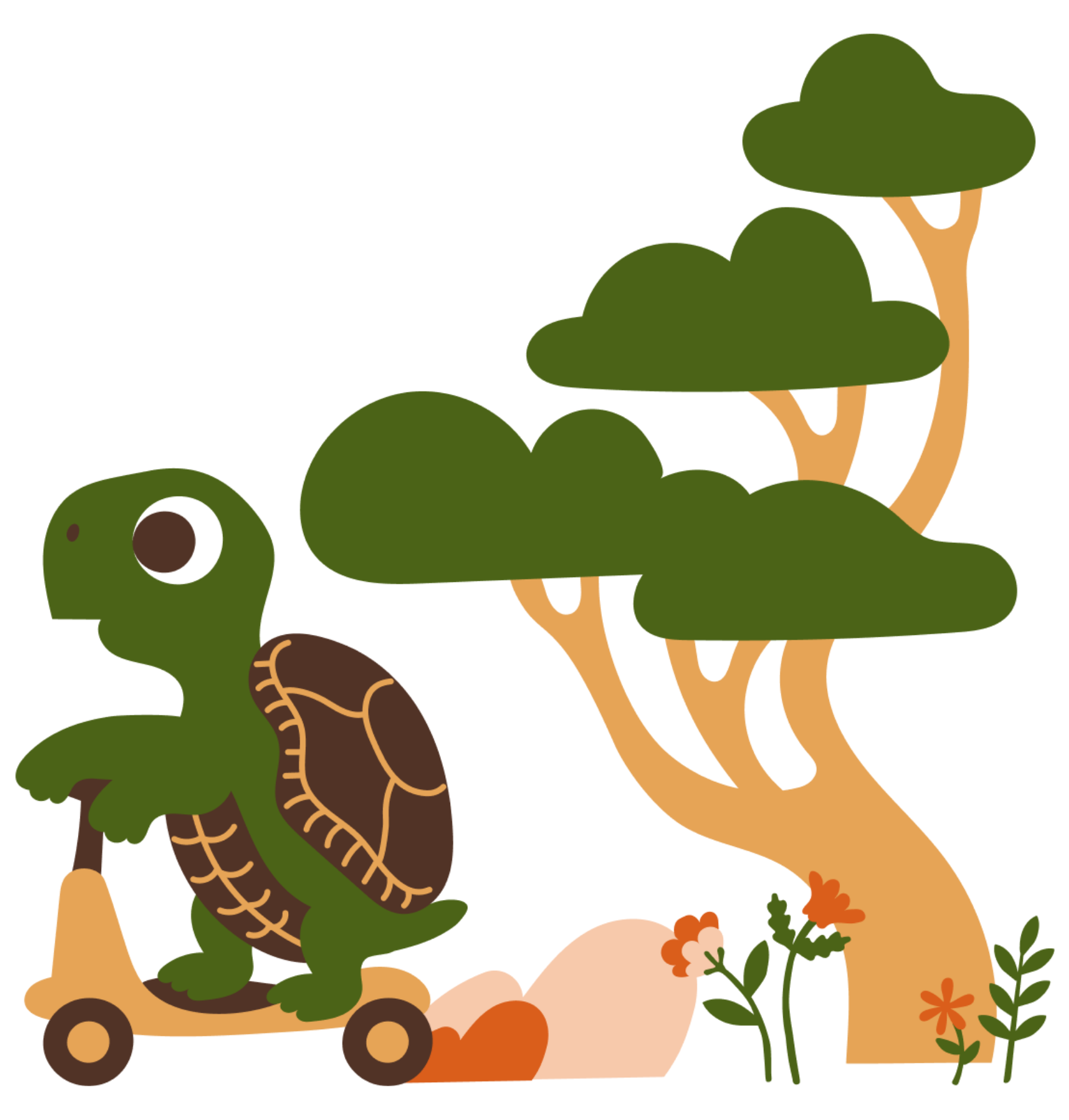 illustration of a turtle riding a scooter in front of a tree