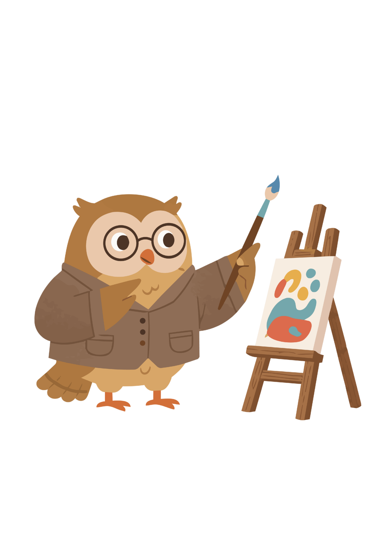 A cartoon owl wearing glasses and a brown blazer, standing next to an easel with an abstract painting, holding a paintbrush in its wing.