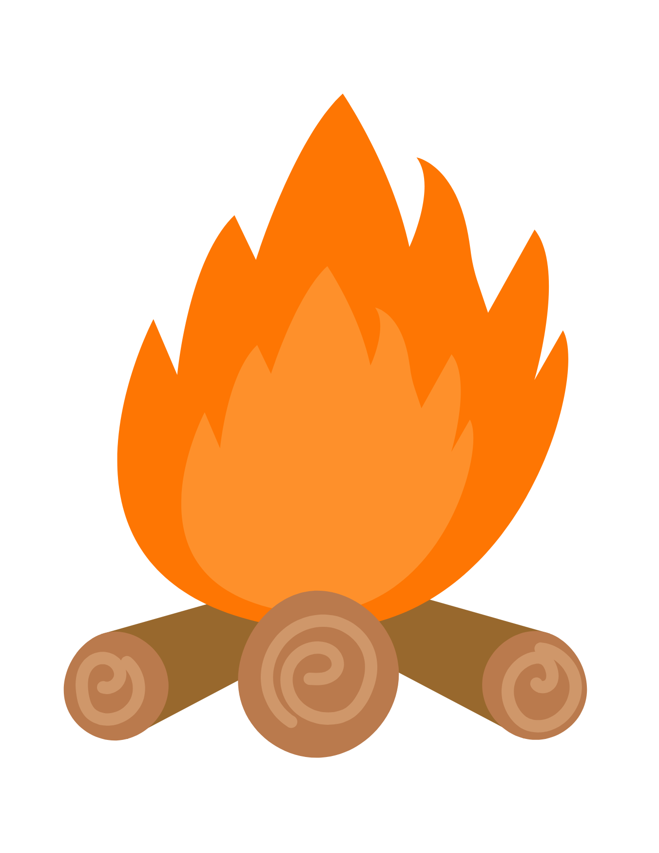 Cartoon illustration of a campfire with orange flames and brown logs underneath, set against a black background.