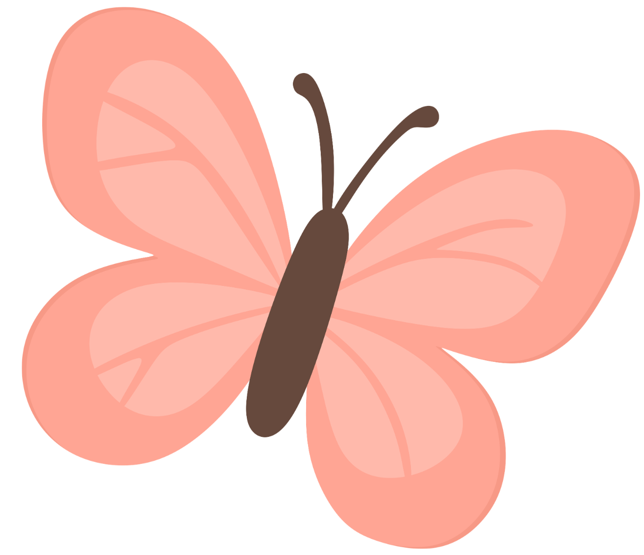 Cartoon illustration of a pink butterfly with dark antennae.