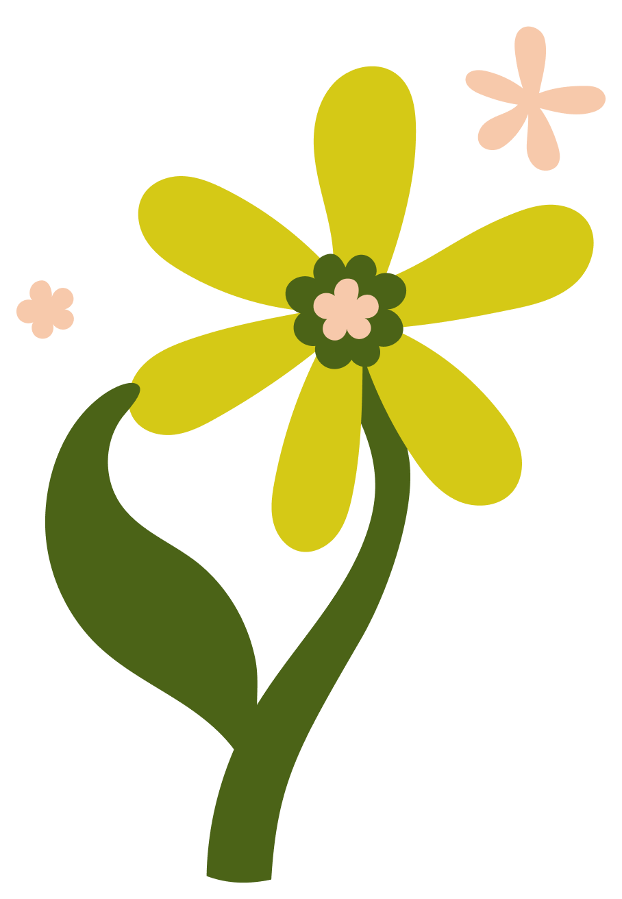 Illustration of a yellow flower with green leaves and smaller pink flowers around it.