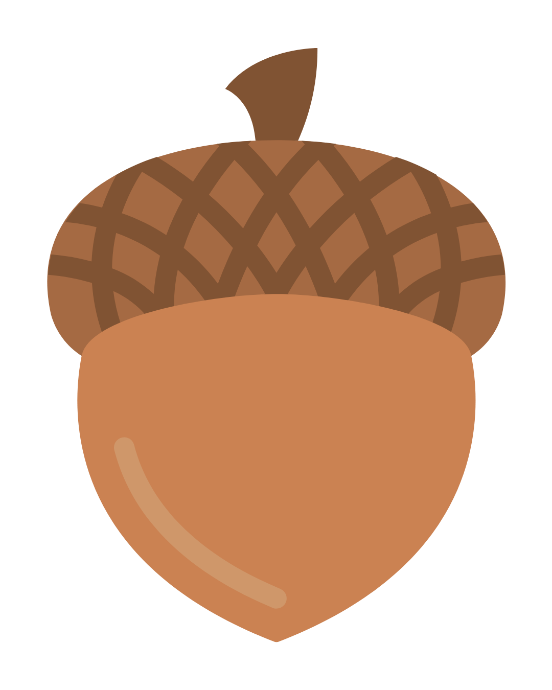 A stylized illustration of an acorn with a brown cap and a smooth, light brown body.