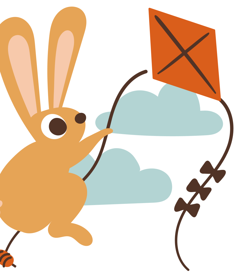 A cartoon bunny holding a kite in the air, with clouds and a blue sky background.