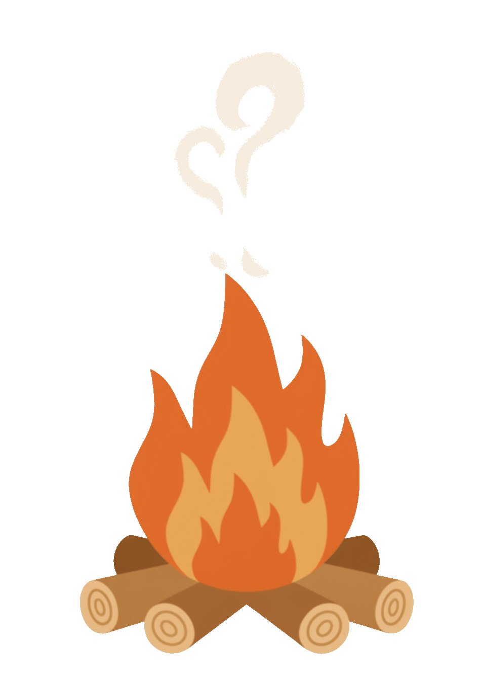 Campfire with orange flames on wooden logs and smoke rising.