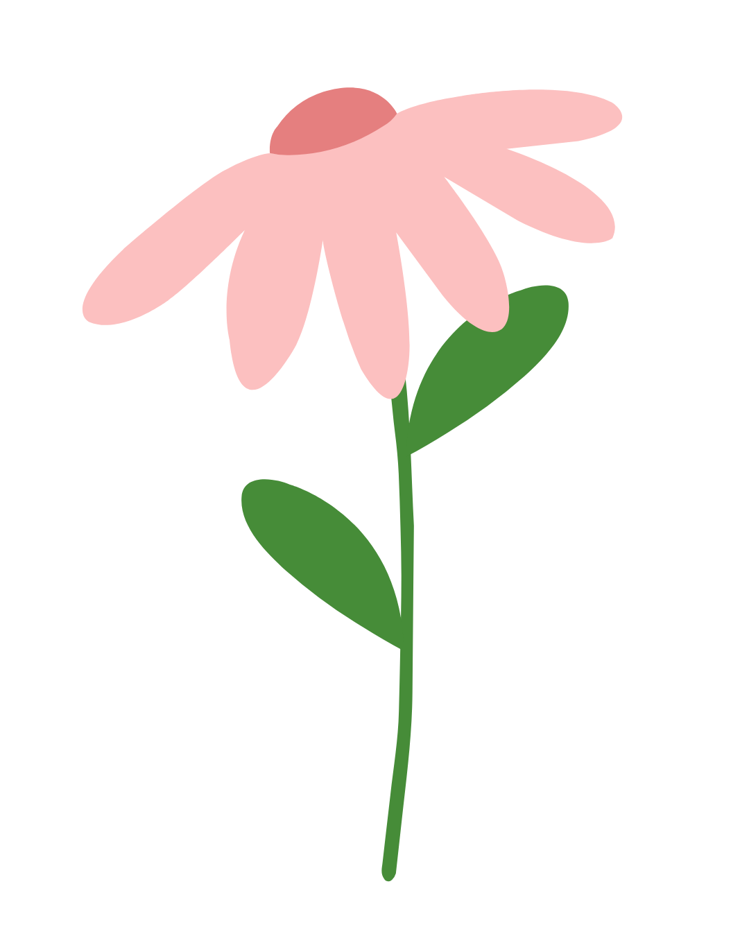Simple digital illustration of a pink flower with a yellow center, green stem, and leaves.