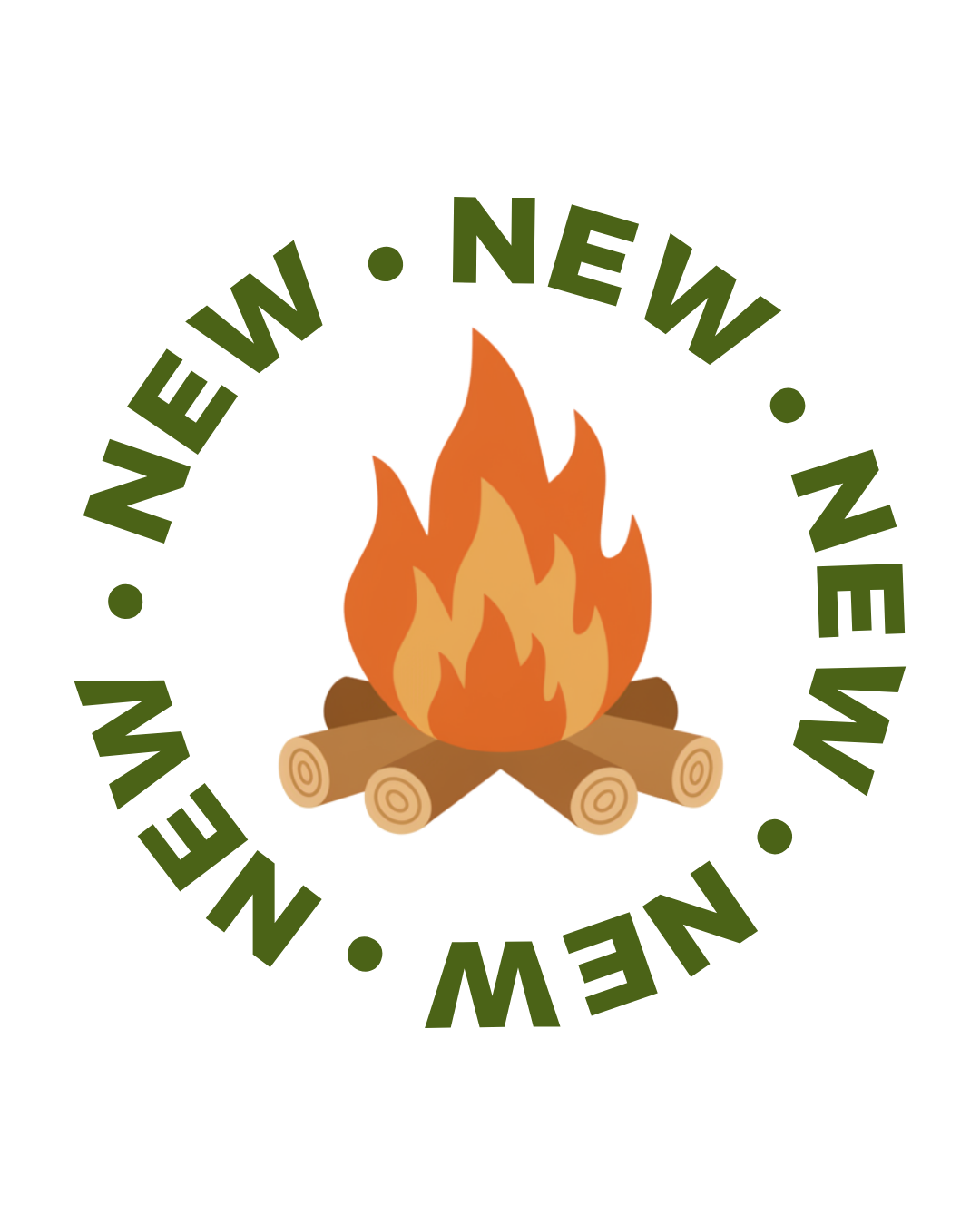 Cartoon campfire with logs and bright flames. Surrounding it the is the word "NEW"