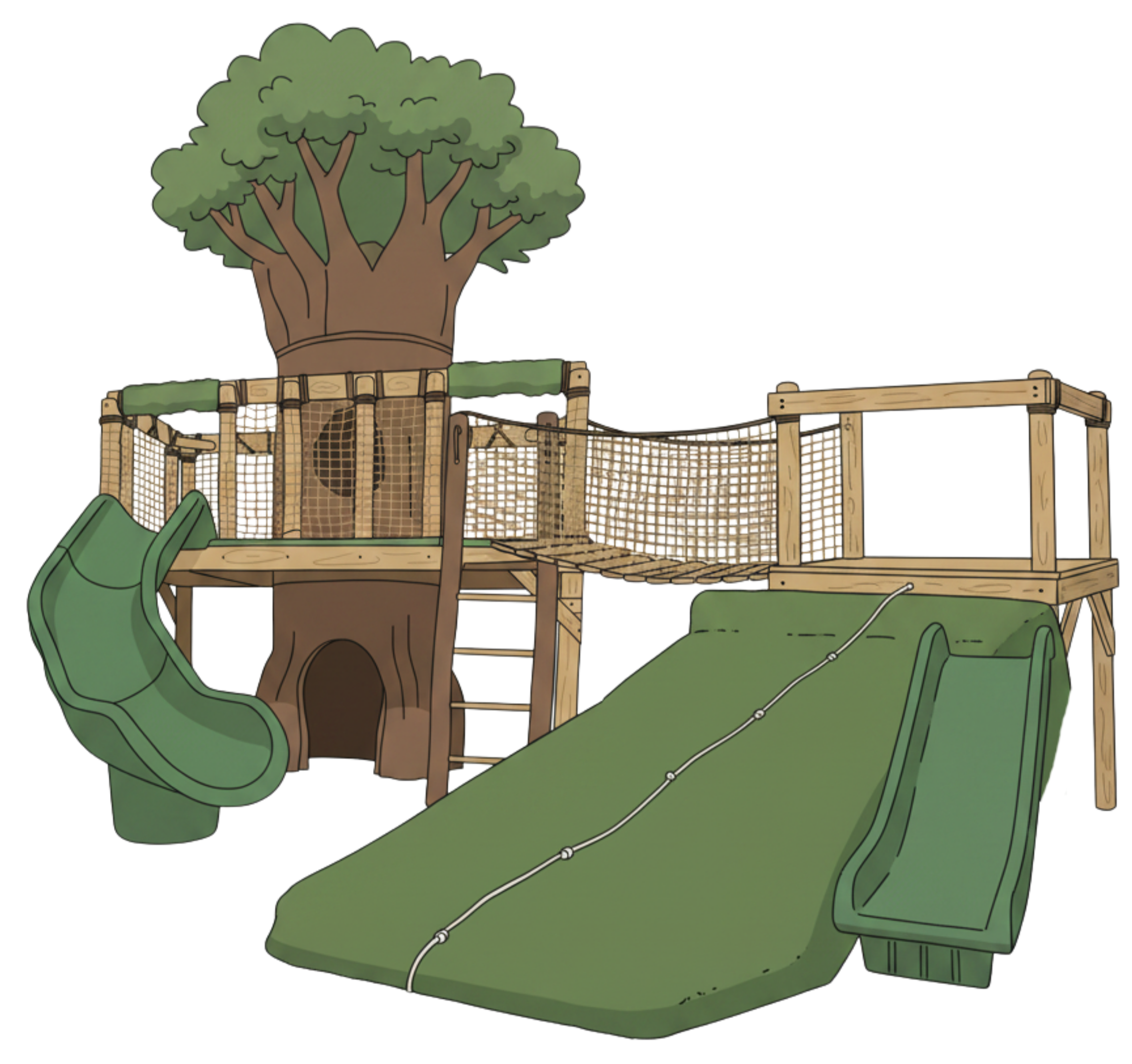 Illustration of a treehouse with a large tree in the center and a green slide on the left side, surrounded by a wooden fence with netting.