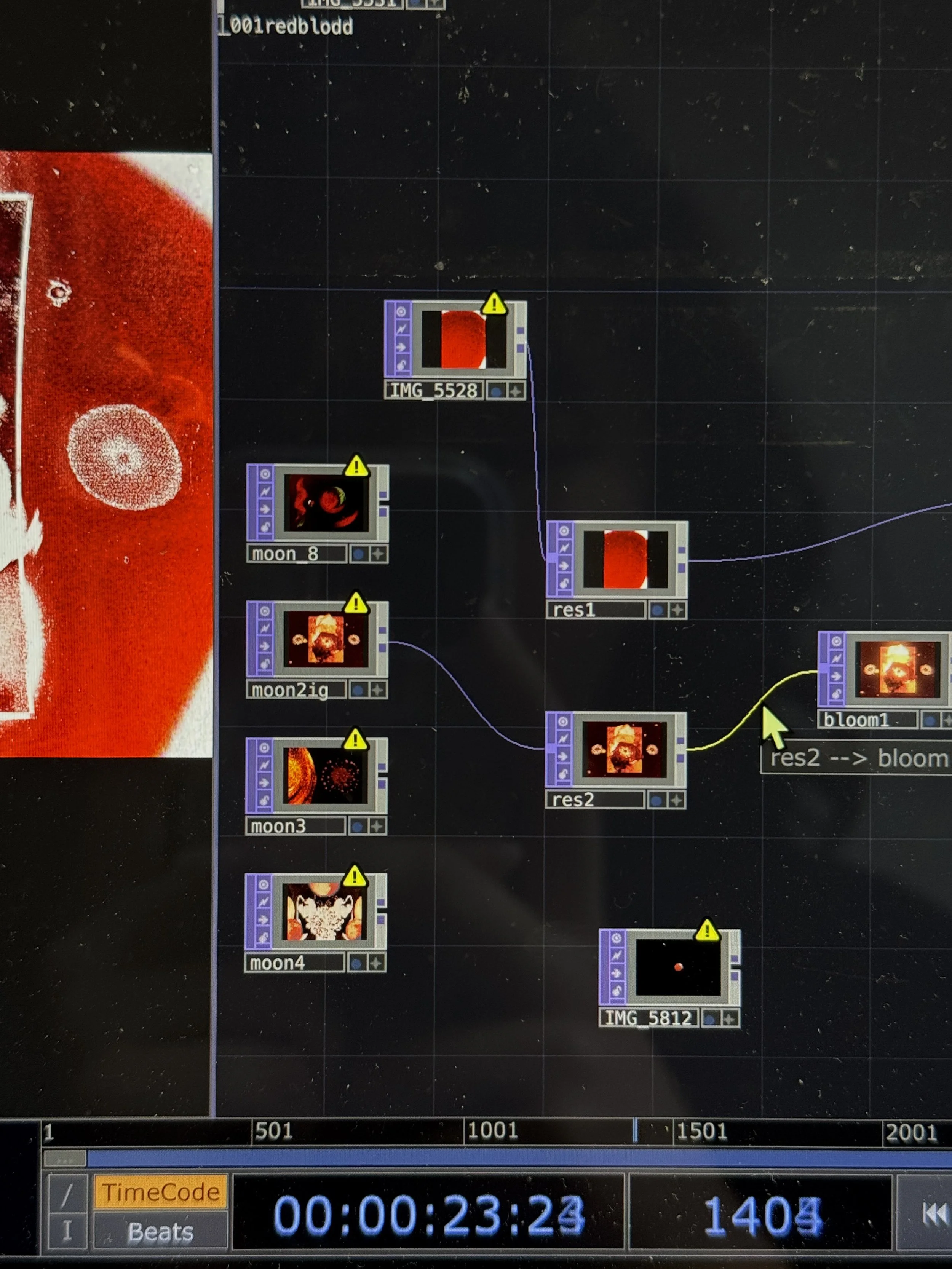 Screenshot of a digital visual programming interface with various image nodes connected by curves, some marked with warning icons, a clock showing 23 seconds, and a partially visible red and white image on the left side.