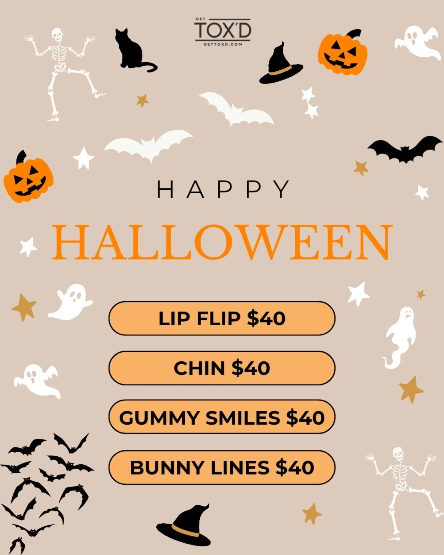 🎃 Happy Halloween from Get Tox&rsquo;d! 

✨No tricks, just treats, add a little magic to your tox this spooky season ✨

👻 All add-ons just $40 for new clients!

 😏 Perfect for keeping your look boo-tifully smooth

📲 Text us at 281-800-8020 to boo