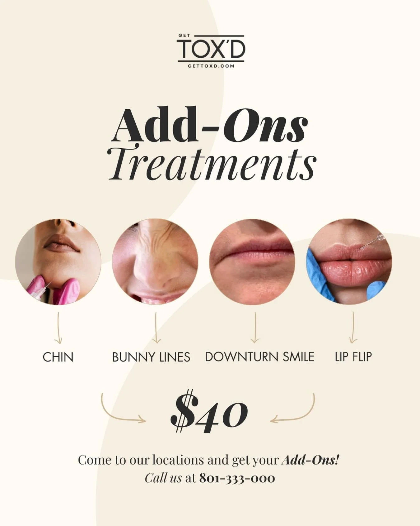 ✨ Holiday Promo: All add-ons are just $40 with Xeomin.

💉Add-ons are a simple way to elevate your results without a full treatment.
Choose from targeted options like DAO (downturned corners), lip flip, chin, gummy smile, or bunny lines, each designe
