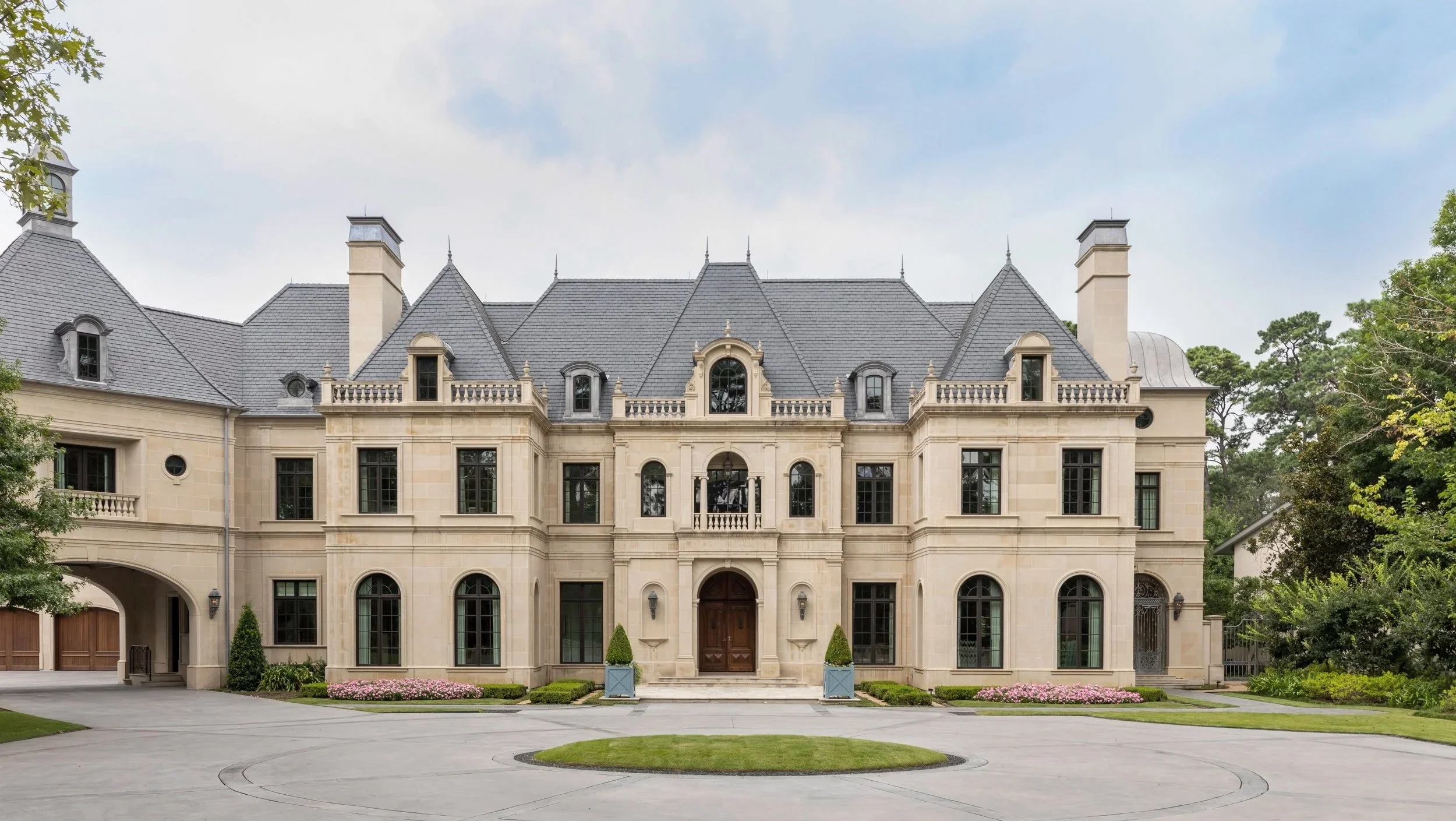 Friar Tuck Residence in Sherwood Forest, Houston, stone and slate front elevation