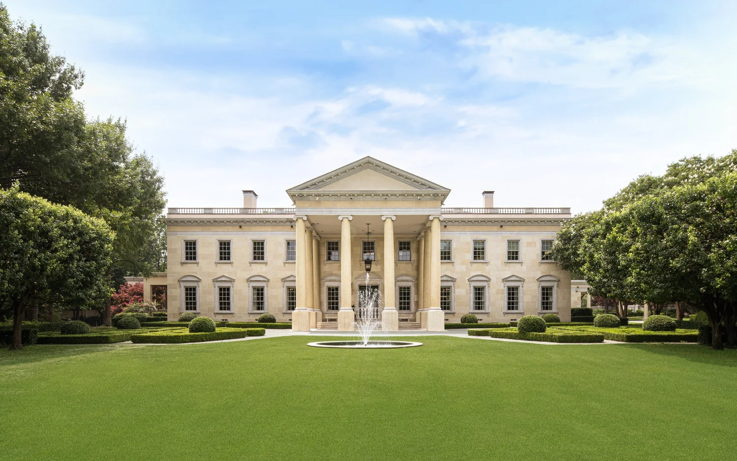 Strait Lane Residence, symmetrical stone front elevation