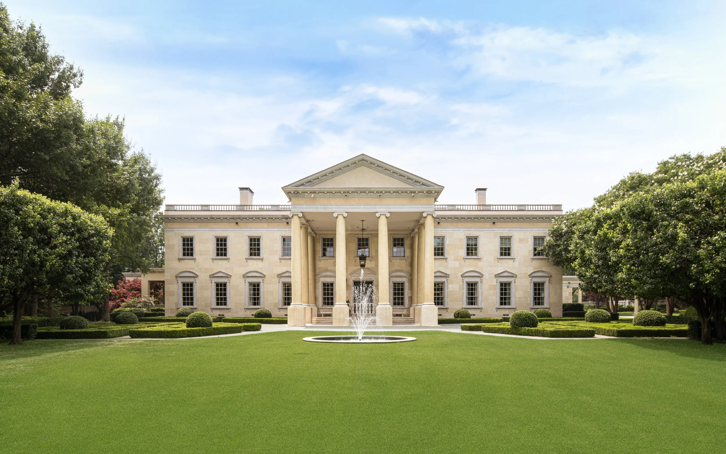 Strait Lane Residence, symmetrical stone front elevation