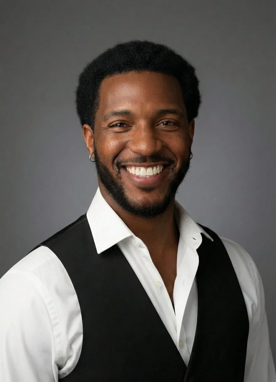 A smiling man with dark curly hair, wearing a white shirt and black vest, standing against a gray background.