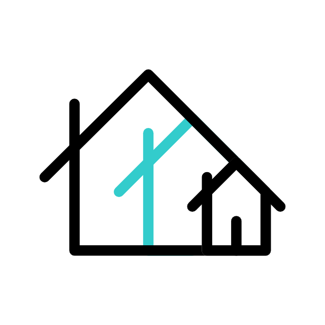 A simple line drawing of a house with a larger main section and a smaller attached section, featuring a steep roof, and a central tree.
