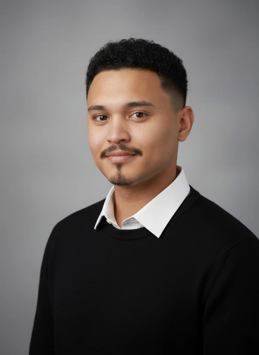 A young man with short curly hair, a mustache, and a goatee, wearing a white collared shirt under a black sweater, posing against a plain gray background.