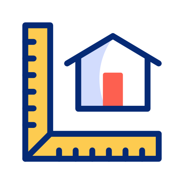 Icon of a house with a ruler and a measuring tape indicating home measurement or construction.