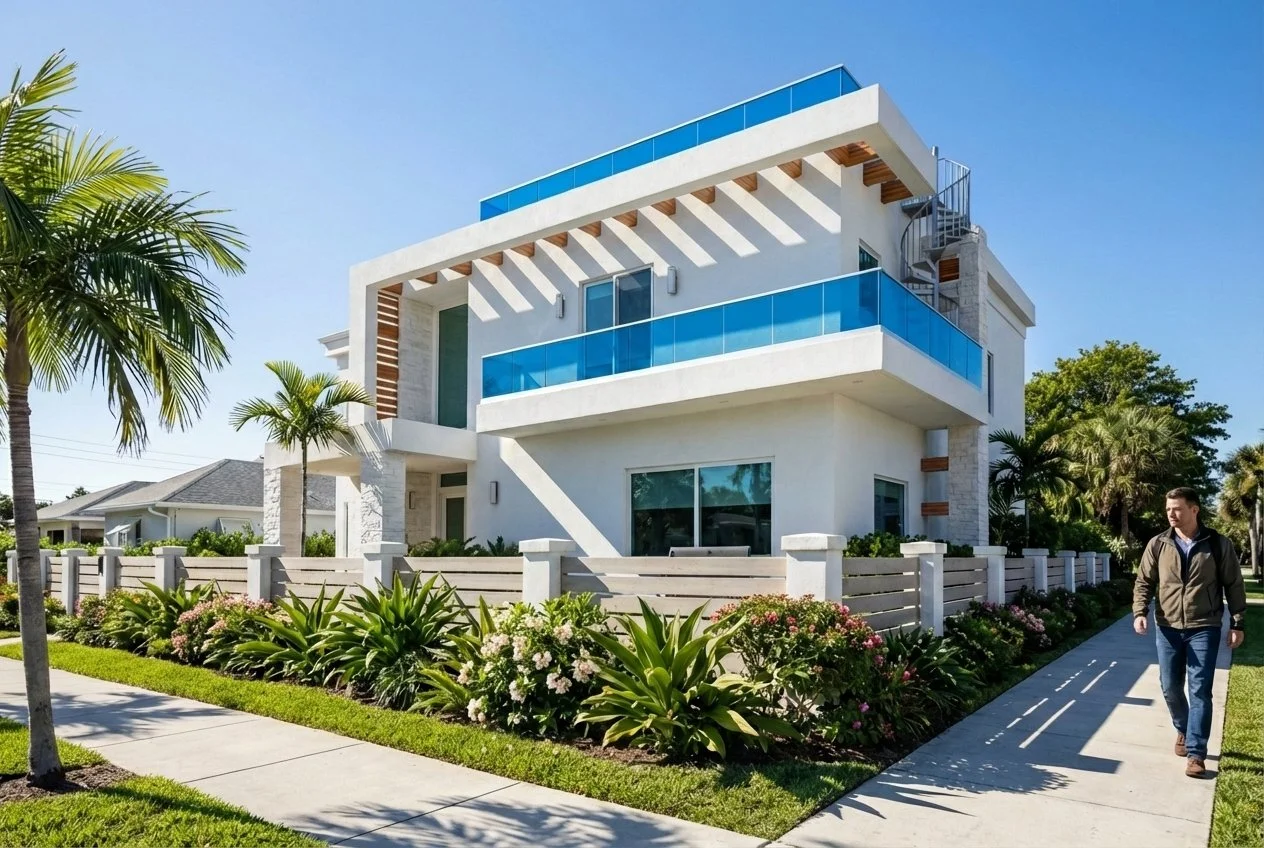 Modern white residential house with balcony, surrounded by lush greenery and palm trees, with a man walking on the sidewalk.