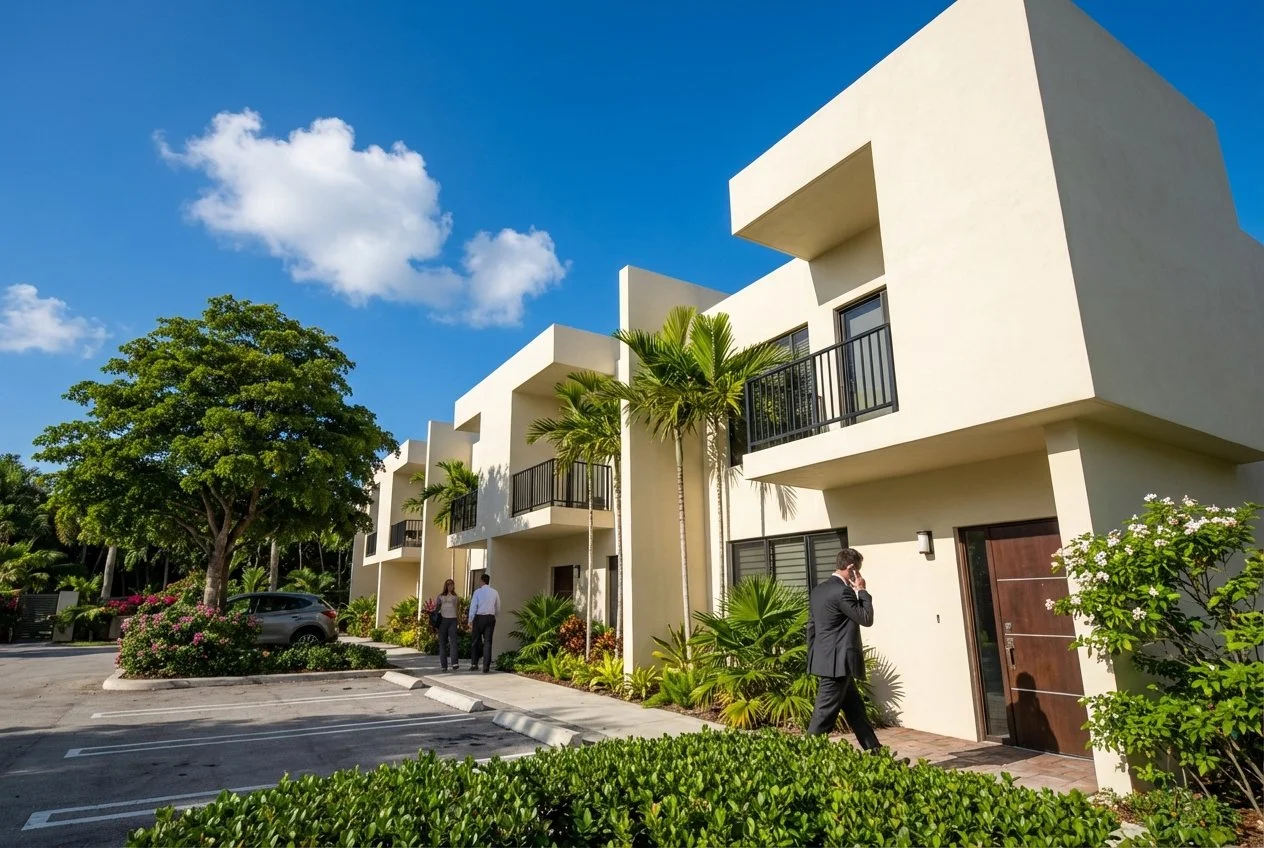 Modern multi-story residential buildings with balconies, palm trees, and a parking lot, under a clear blue sky.