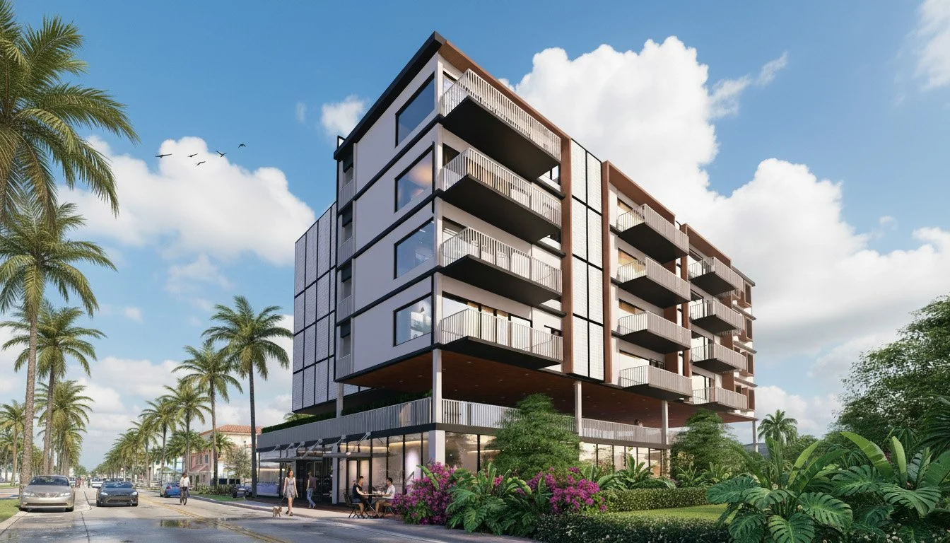 A modern multi-story residential building with balconies, surrounded by palm trees and greenery, under a partly cloudy sky.