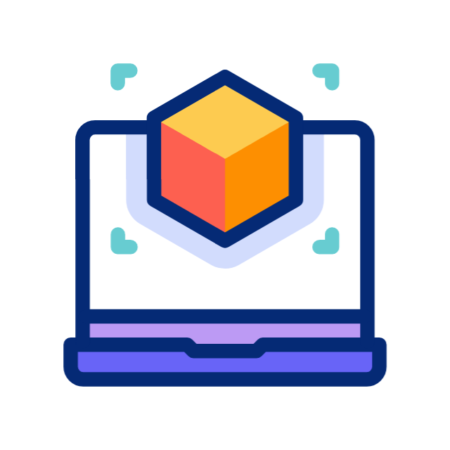 Illustration of a laptop with a 3D cube hovering above the screen, surrounded by corner indicators.