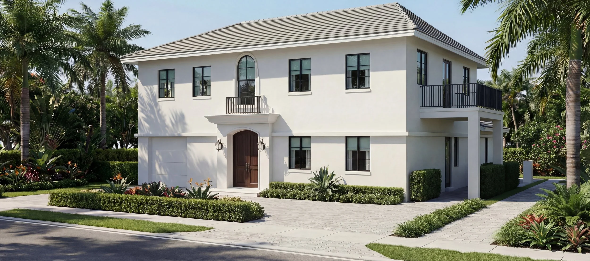 A modern, white, two-story house with a tiled roof, surrounded by lush tropical plants and palm trees, featuring black-framed windows, a wooden front door, and small balconies.