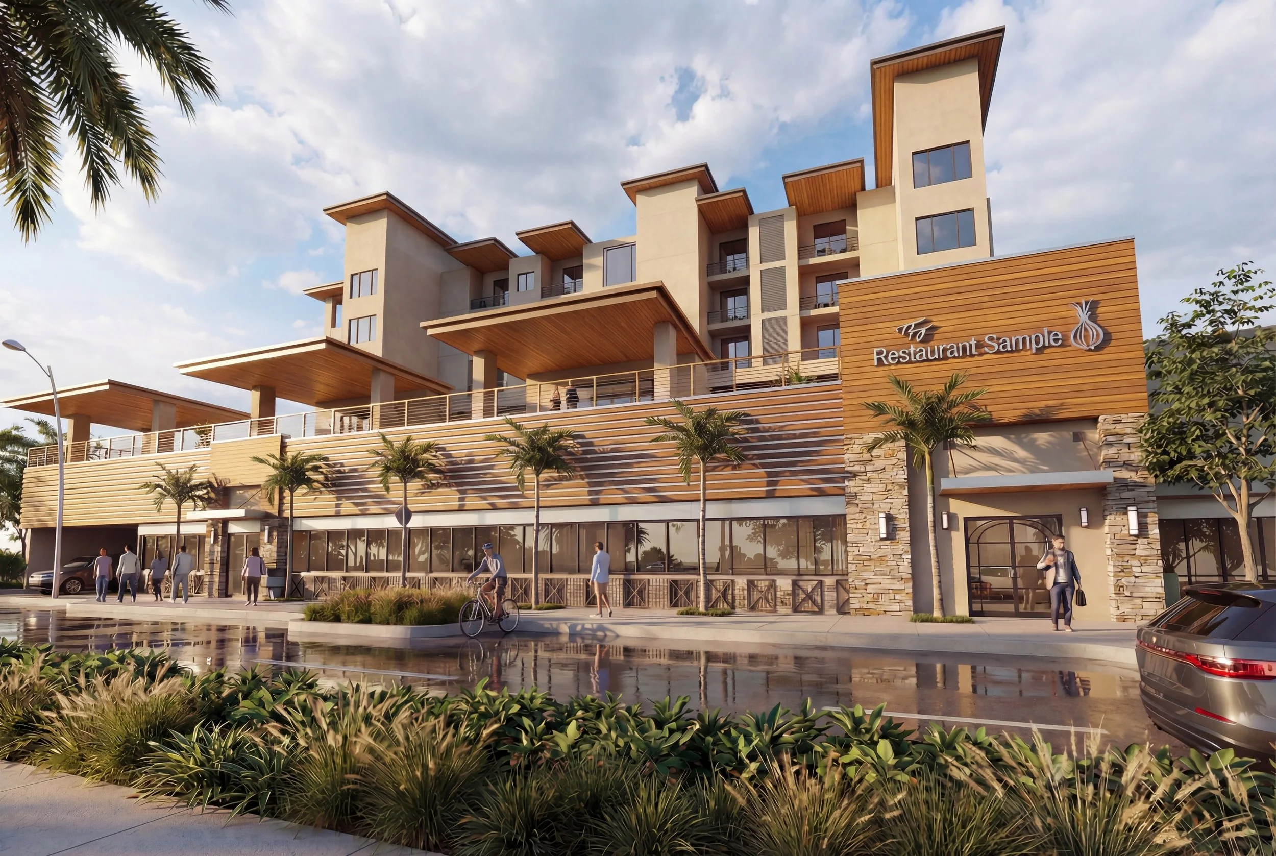 Modern multi-story building with wooden accents, a restaurant sign that reads 'Restaurant Sample', and a parking lot with cars and pedestrians, palm trees, and a partly cloudy sky.