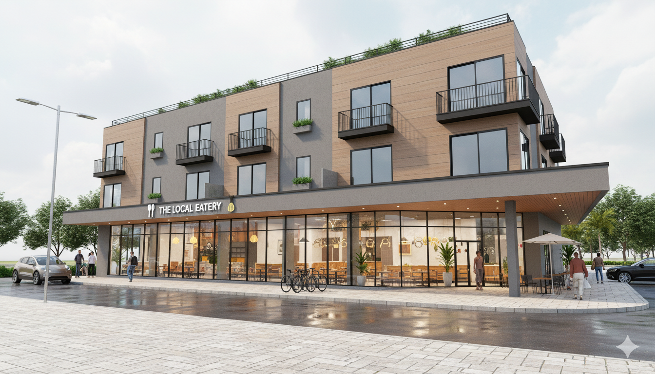 A modern four-story mixed-use building with commercial space on the ground floor and residential units above. The ground floor hosting a restaurant called 'The Local Eatery' with large glass windows, outdoor seating, and bicycles parked outside. The upper floors feature multiple balconies with glass railings, gray and wood exterior finishes, and small greenery on some balconies. There are a few people walking near the building, a parked car, and trees in the background under a partly cloudy sky.