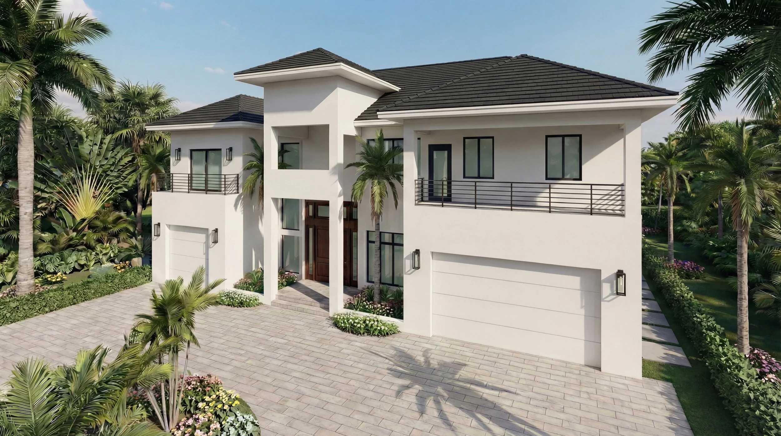 A modern white two-story house with large windows, a front porch with plants, and a driveway surrounded by tropical palm trees.