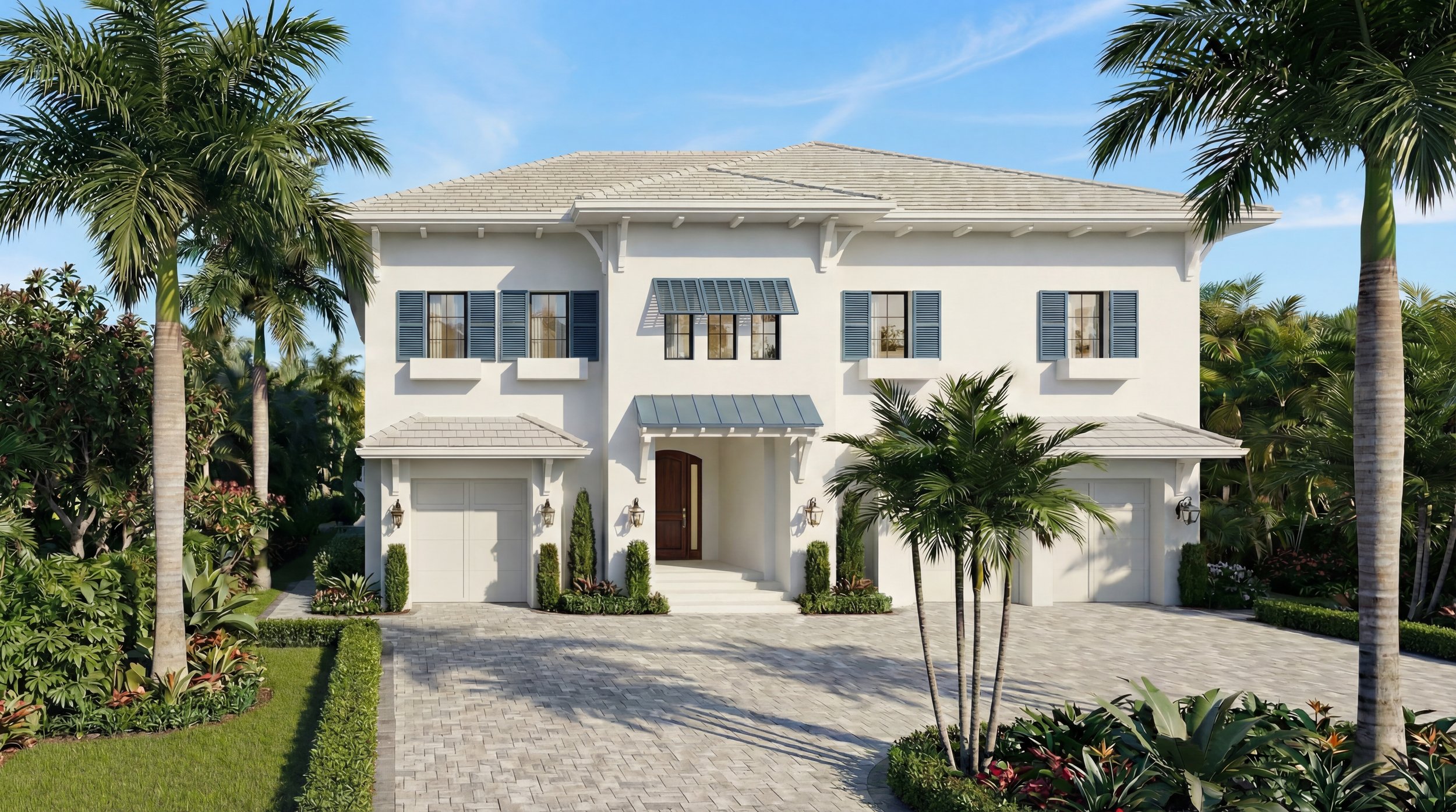 Front view of a modern white two-story house with blue shutters, surrounded by palm trees and landscaped garden, under a clear blue sky.