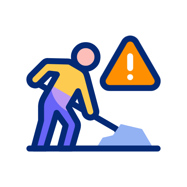 A figure shoveling snow with an orange warning triangle indicating caution.