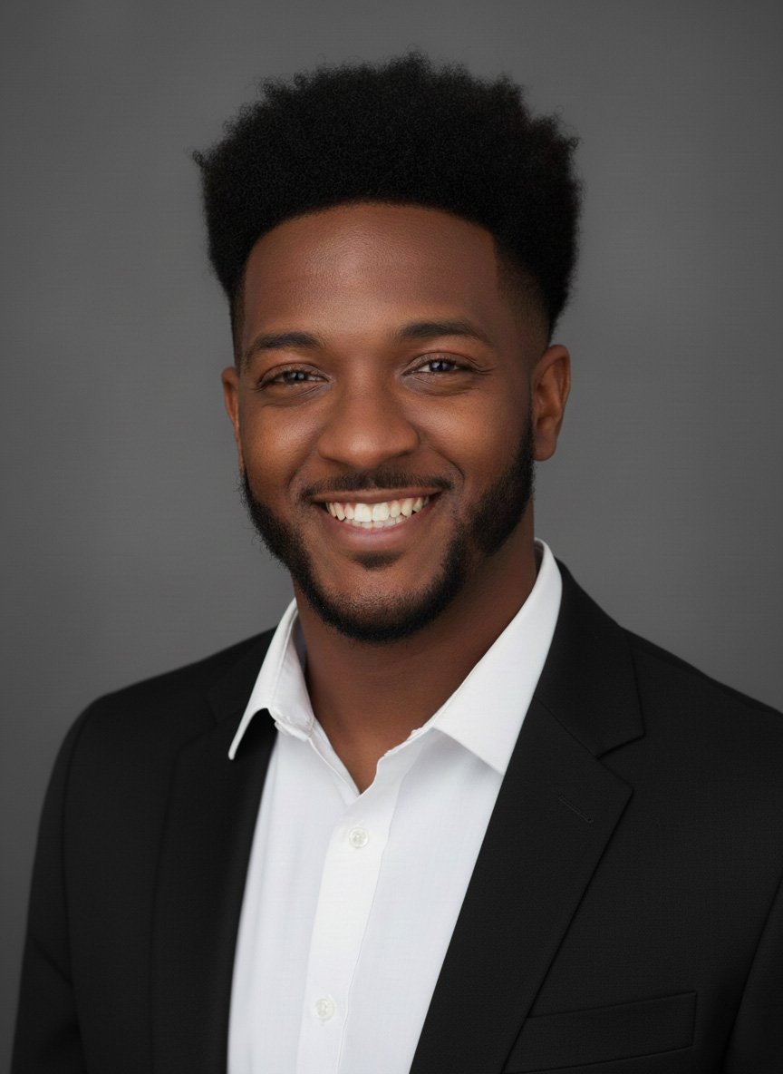 Headshot of an African American man smiling, wearing a black suit and white shirt against a gray background.