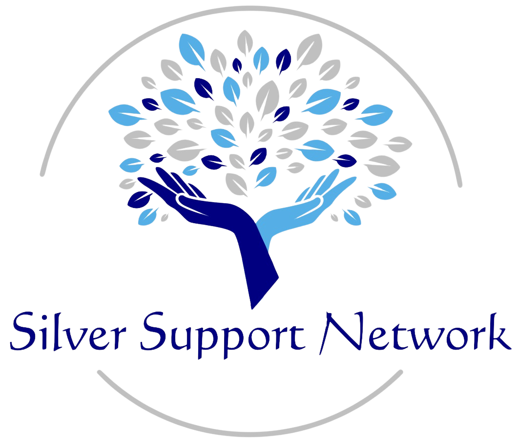 Logo of Silver Support Network featuring two hands forming a tree with blue and gray leaves, encircled by a grey arc.