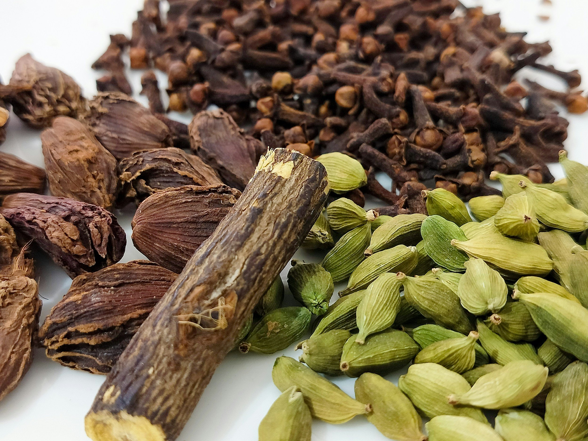 Close-up image of various spices arranged in rows, including dried cloves, green cardamom pods. Cardmom exporter in India