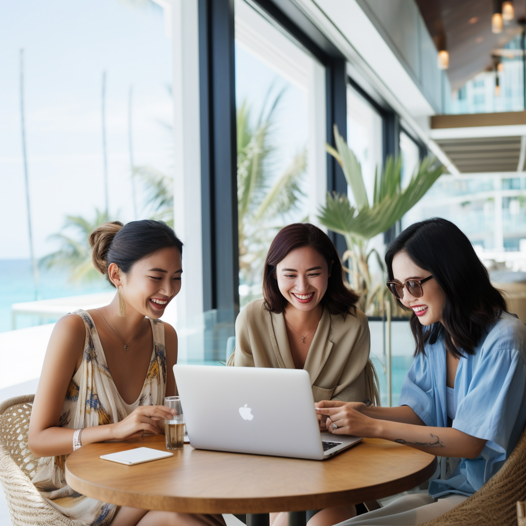AI Generated image. Three women laughing together around a laptop in a bright cafe — what having a team alongside you can feel like.