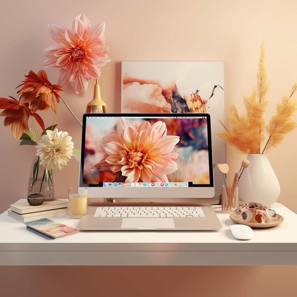 AI Generated image. Cosy freelance designer's home office with an iMac, fresh flowers, and warm peach-toned styling — the calm, organised setup every solo creative is quietly after.