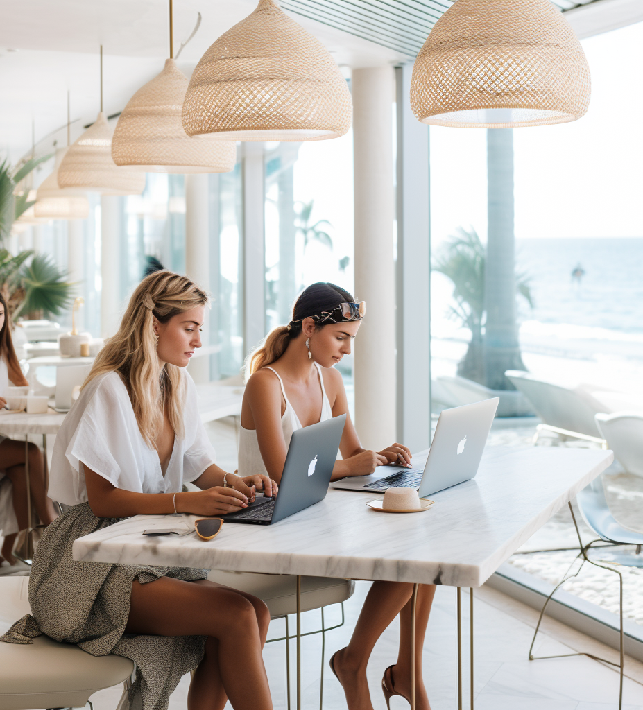 AI-generated image of two women working on laptops in a bright, airy coastal café with sunlight streaming through floor-to-ceiling windows. Reflects the kind of creative, flexible working environment freelance designers build their careers around.