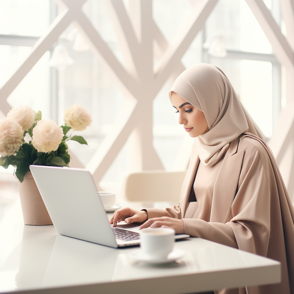 AI-generated image of a woman in a neutral hijab and jacket working on a laptop at a minimal desk with soft pink flowers beside her. Captures the feeling of focused, calm creative work without the clutter and chaos of an unstructured business.