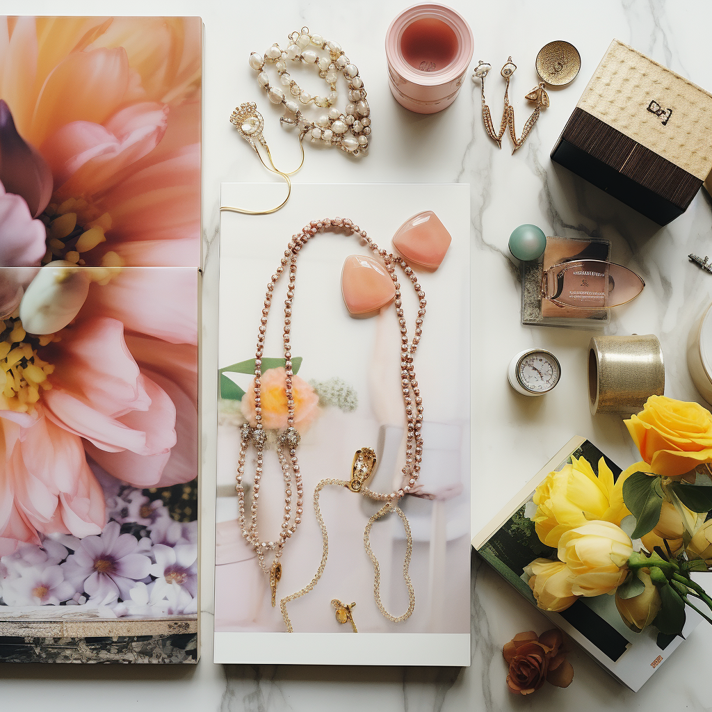 AI image Pink-toned flat lay moodboard with jewellery, flowers, and accessories showing the creative design process from trend research to colour options