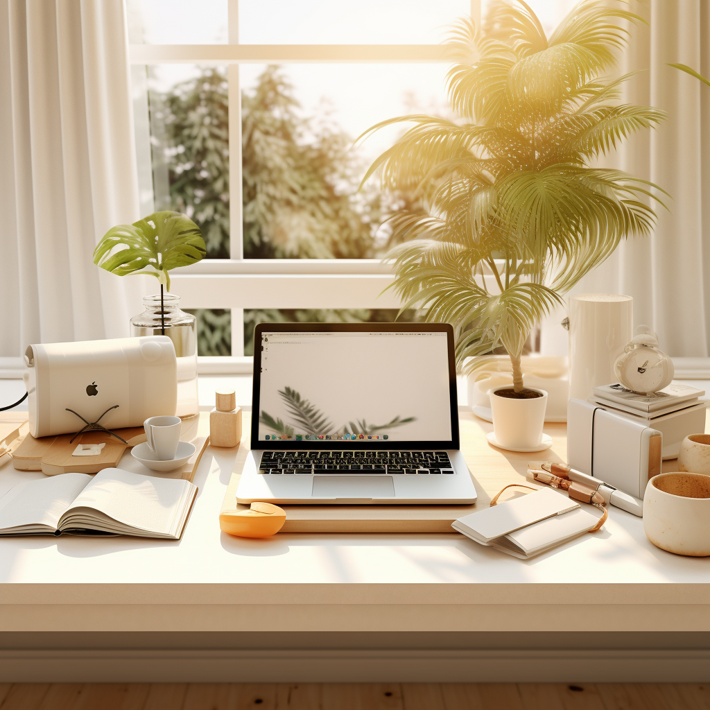 AI generated image of a minimal freelance designer home office setup with a MacBook, coffee cup, and plants in natural light