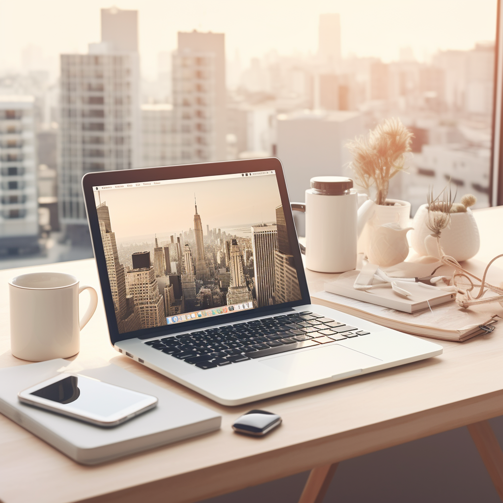 AI-generated image of a laptop displaying a New York cityscape on a minimal desk with a coffee mug and dried flowers, reflecting the kind of calm, organised workspace a freelance designer builds when their business runs smoothly.
