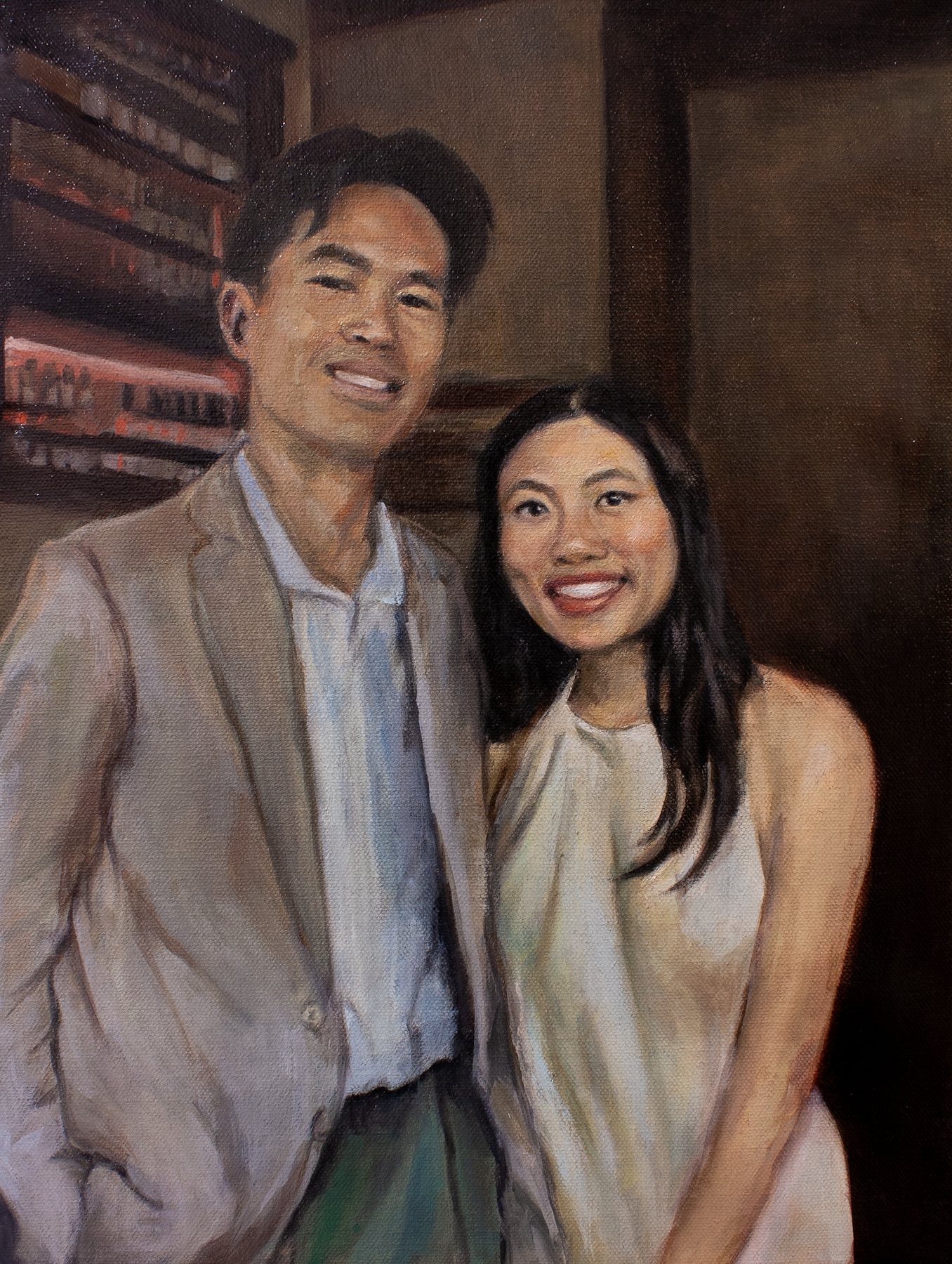 A painted portrait of a man and a woman standing close together, smiling, with a bookshelf in the background.
