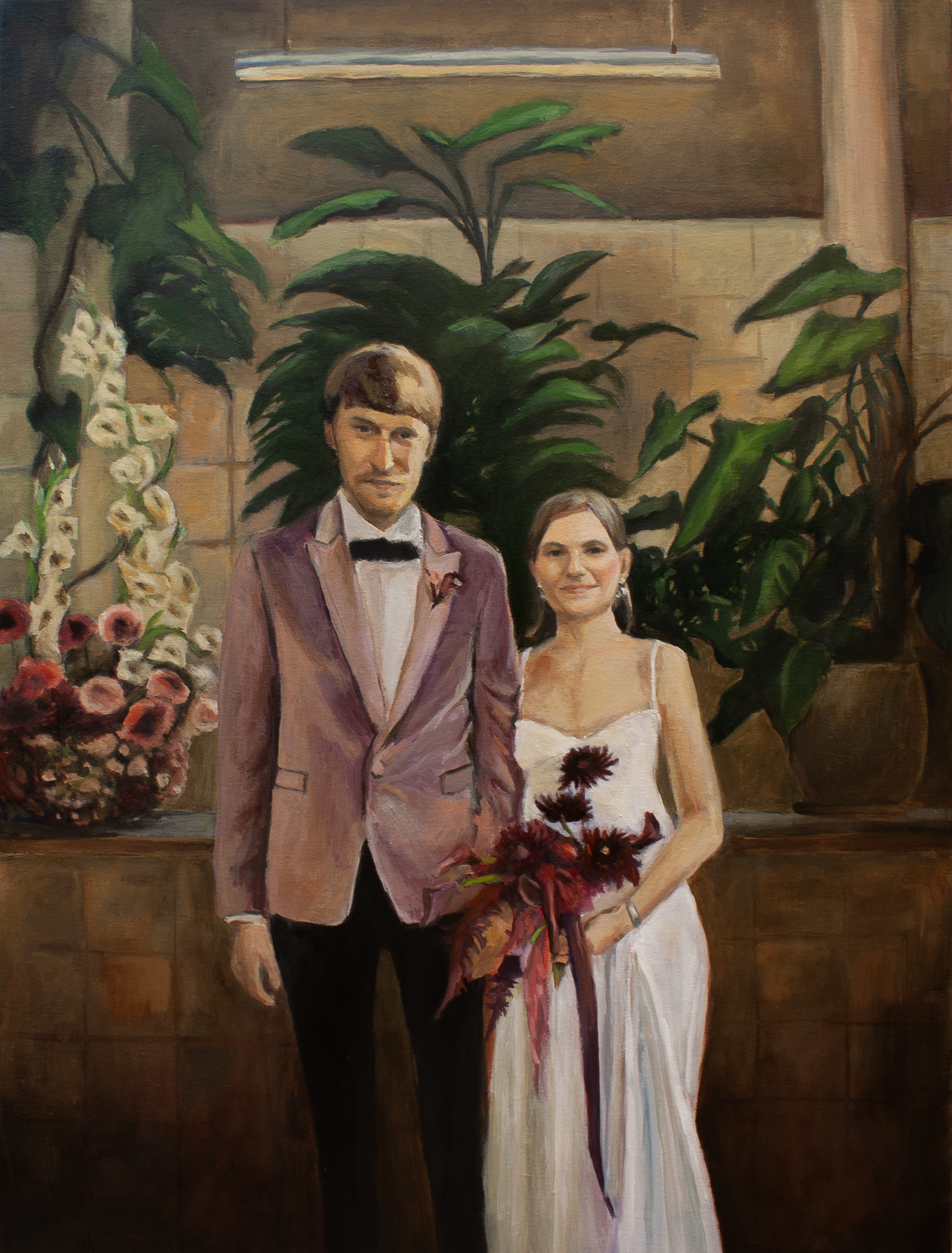 Painting of a man and woman dressed in formal attire, standing in front of large green plants and floral arrangements.