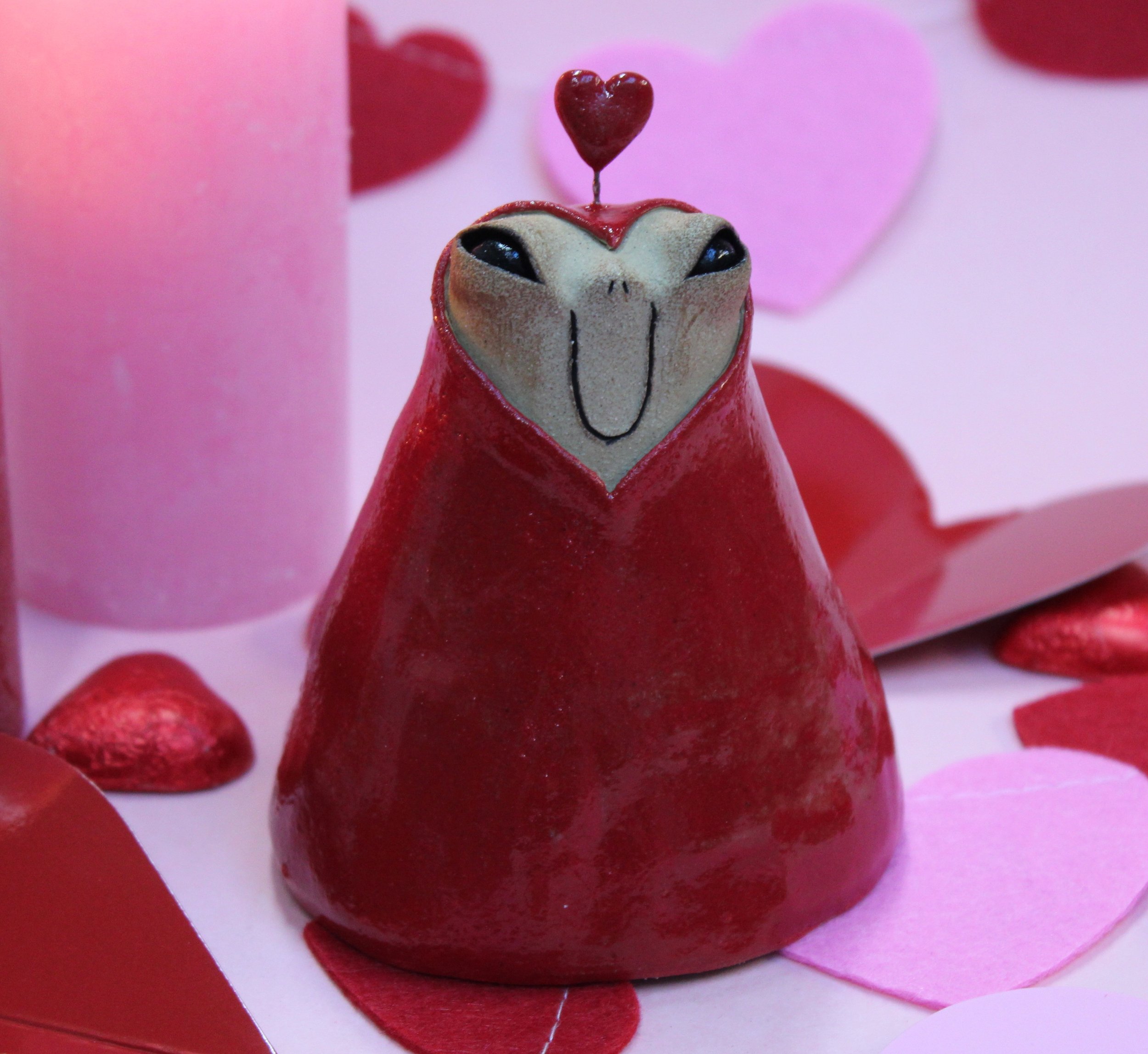 Creature in a Red LoveSuit - Handmade Ceramic Creature Sculpture