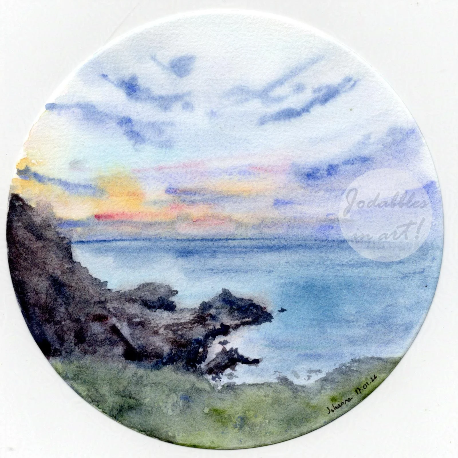 January 2026. Watercolors on Hahnemühle cold pressed 300gsm (round 13cm) - Sunset on the coast in Brittany. Own reference.