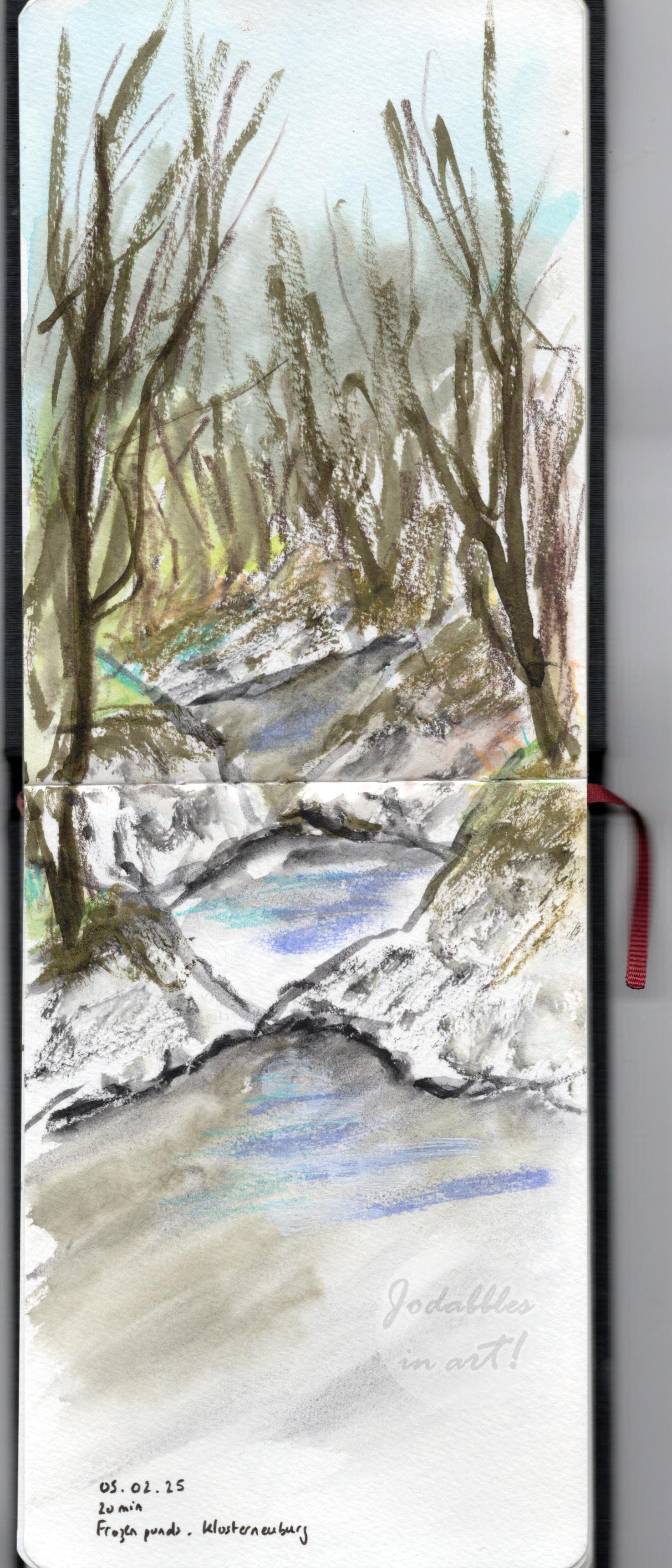February 2025. Frozen ponds in Klosterneuburg, Austria (mixed media).