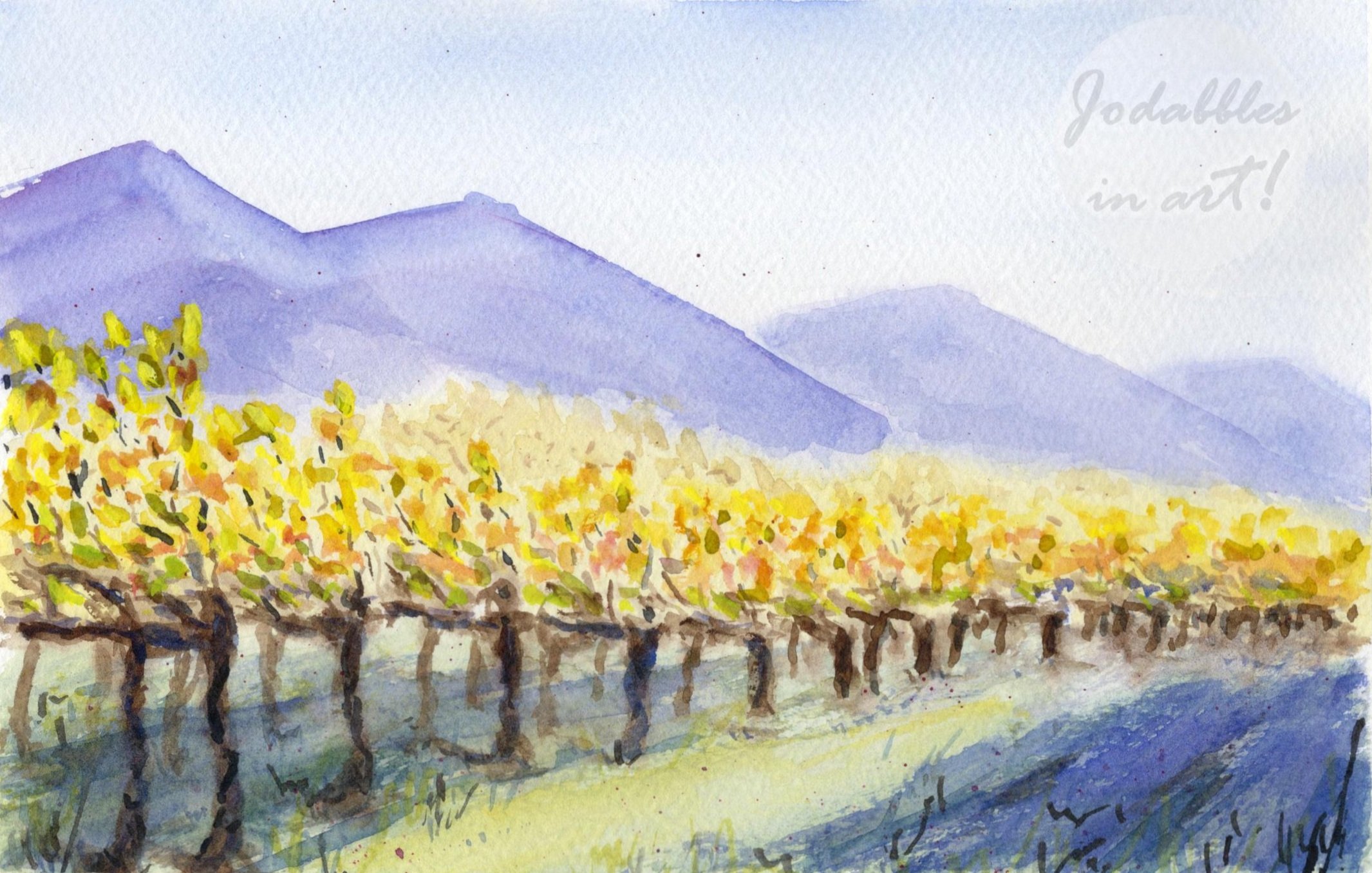 November 2023. Watercolors on Winsor & Newton cold-pressed watercolor paper (7x10in) - Vineyards in Klosterneuburg. Own reference.