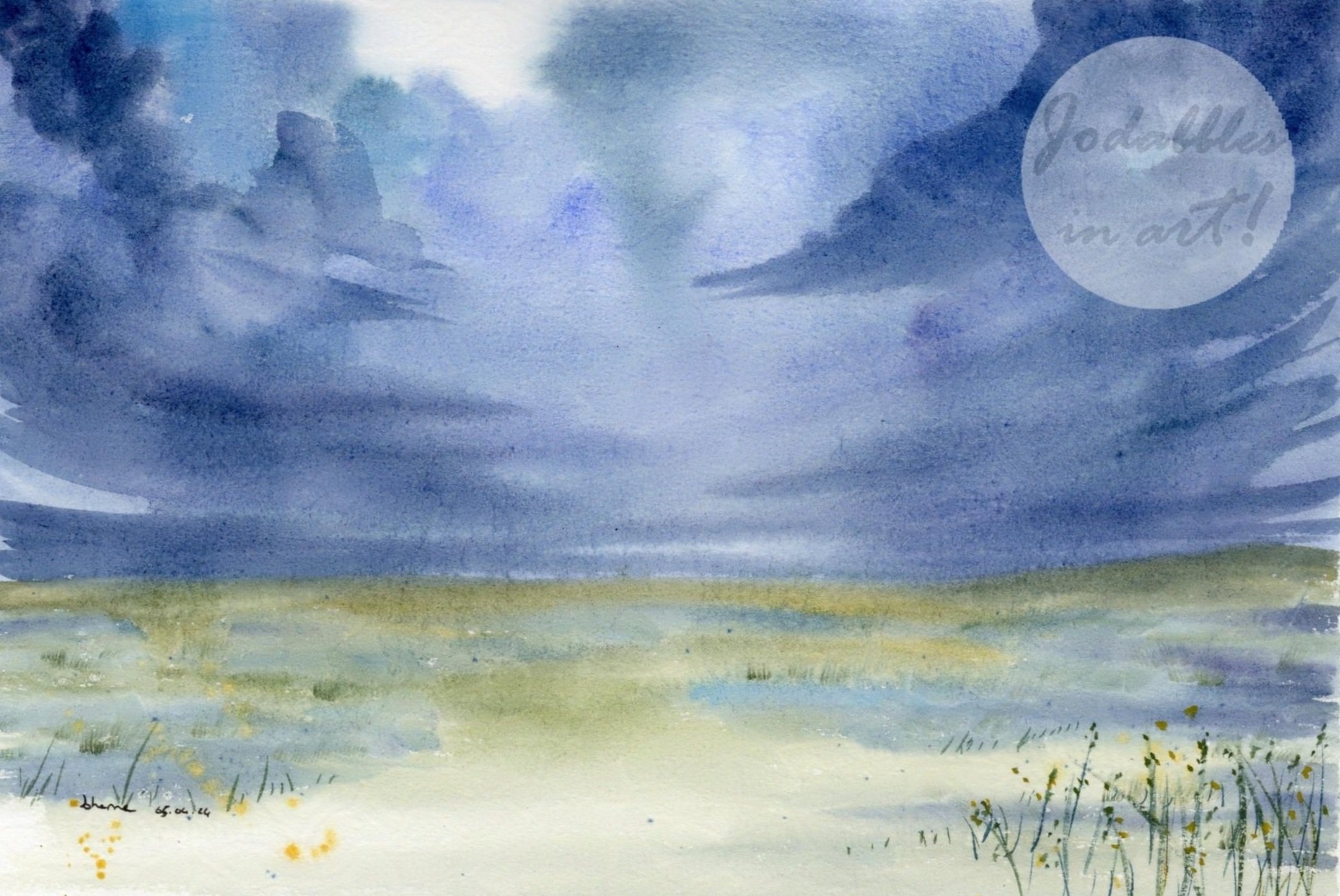 April 2024. Watercolors on Hahnemühle Le Rouge watercolor paper (24x32cm) - Stormy fields in summer.