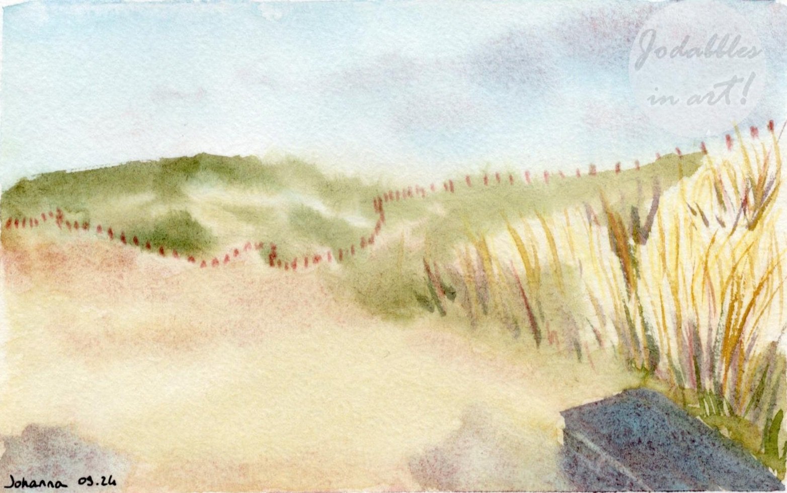 September 2024. Watercolors on Hahnemühle watercolor postcard (A6) - Picardy sand dunes. Own reference.