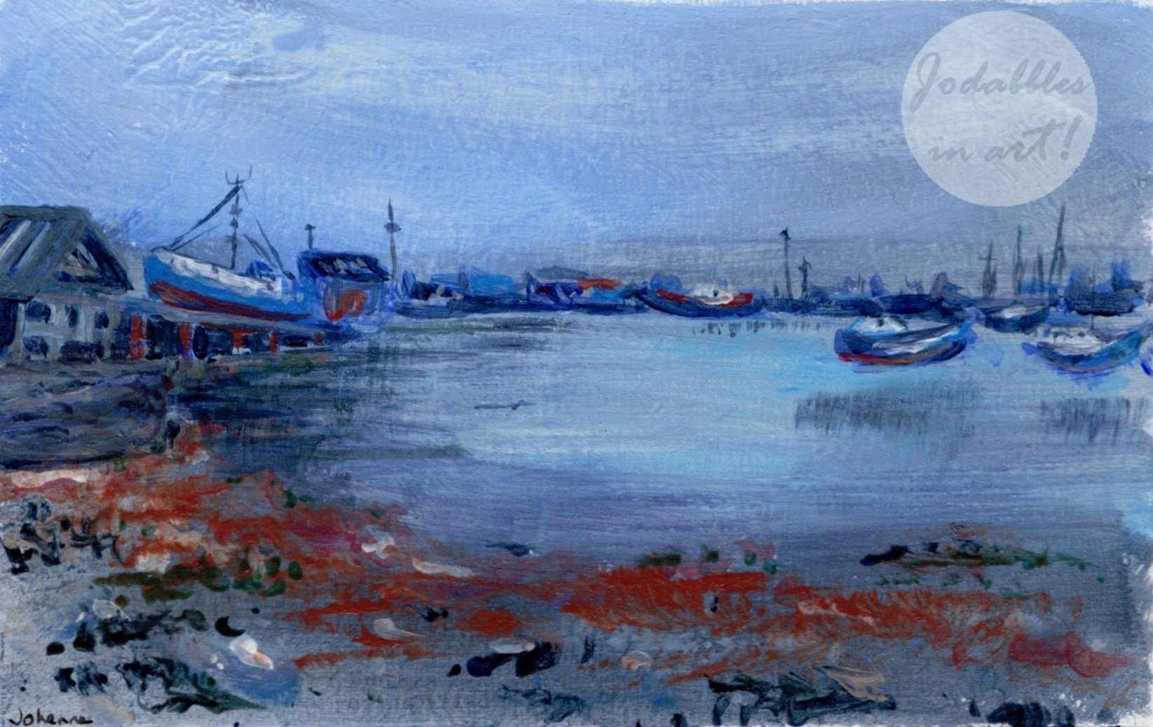 October 2024. Acrylic paint on watercolor paper (A6 postcard) - Blue Scottish harbor. Own reference.